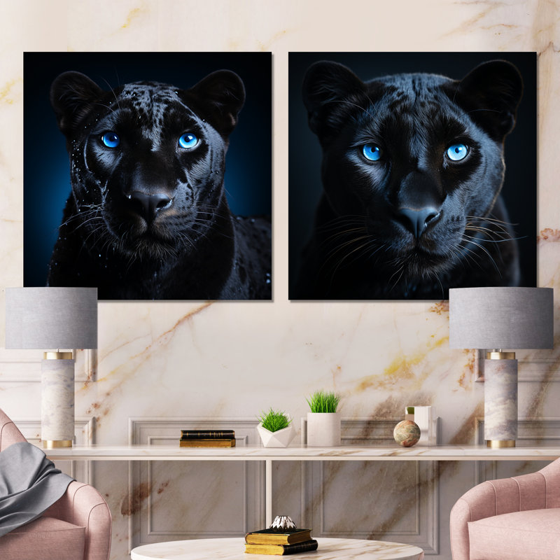 «Blue and Black Panther Portrait I», ensemble de 2 reproductions d'art sur toile, Toile tendue, H 16 po x l 33 po x P 1 po