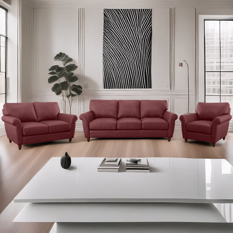 Ensemble de canapé, causeuse et chaise en cuir 100% grain de coton Cherish, Rouge vin