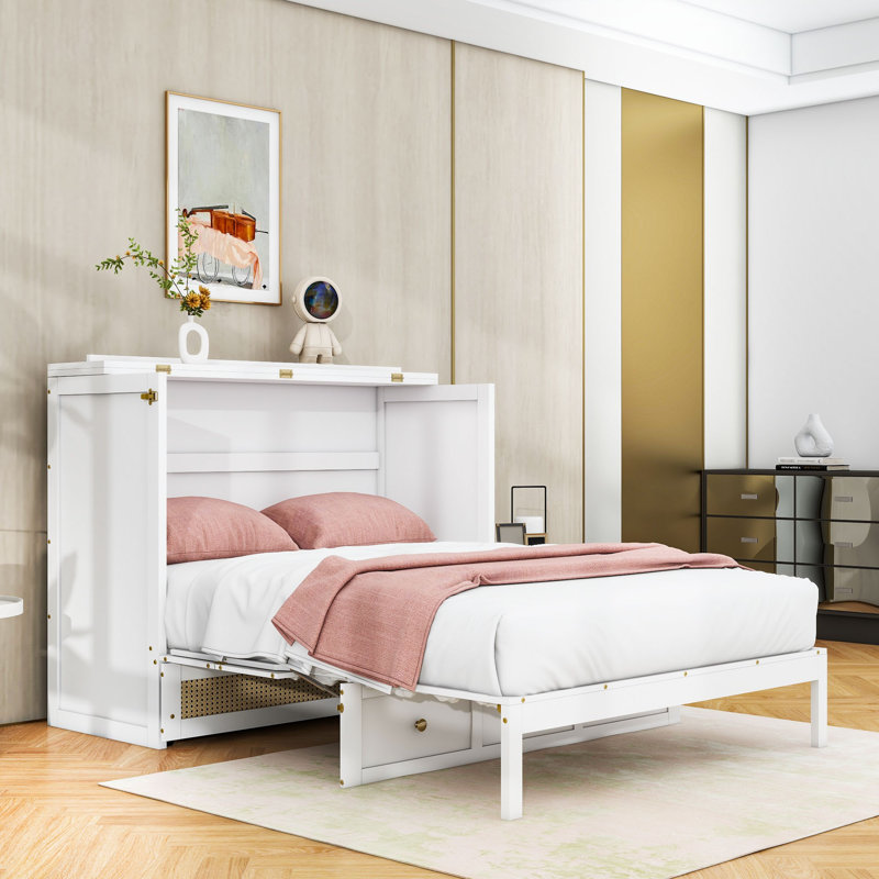 Lit escamotable double avec rangement multifonctionnel et design élégant, Blanc, Lit double