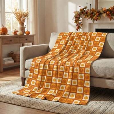 Jeté d'automne en flanelle, couvertures en molleton moelleux et moelleux à motif citrouille à carreaux orange pour le décor du canapé-lit, cadeaux idéaux pour les adultes 50 x 40