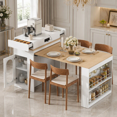 Extendable Kitchen Island with Folding Tabletop and Power Outlet