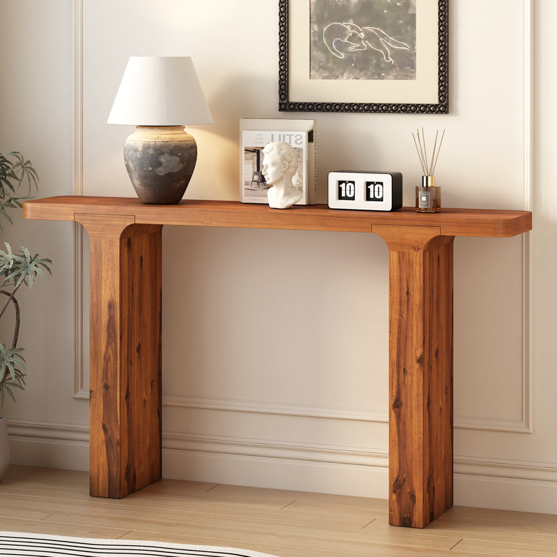 Élégante table d'entrée en placage d'acacia, console moderne pour le couloir, le vestibule, le salon et le couloir, Naturel