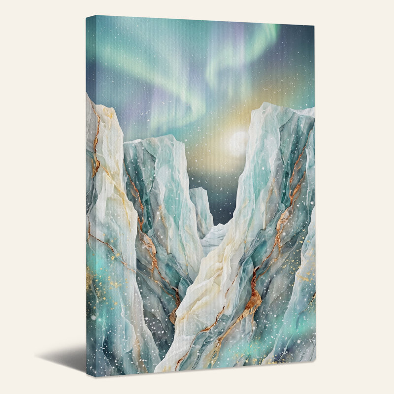 Art mural sur toile Teal Marble Mountains with Gold Veins under Aurora, H 36 po x l 24 po