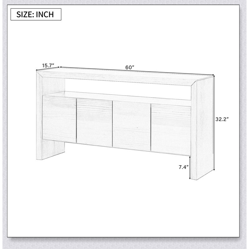 Buffet 4 portes moderne avec tablette ouverte, grain de bois naturel, rangement grande capacité, Naturel
