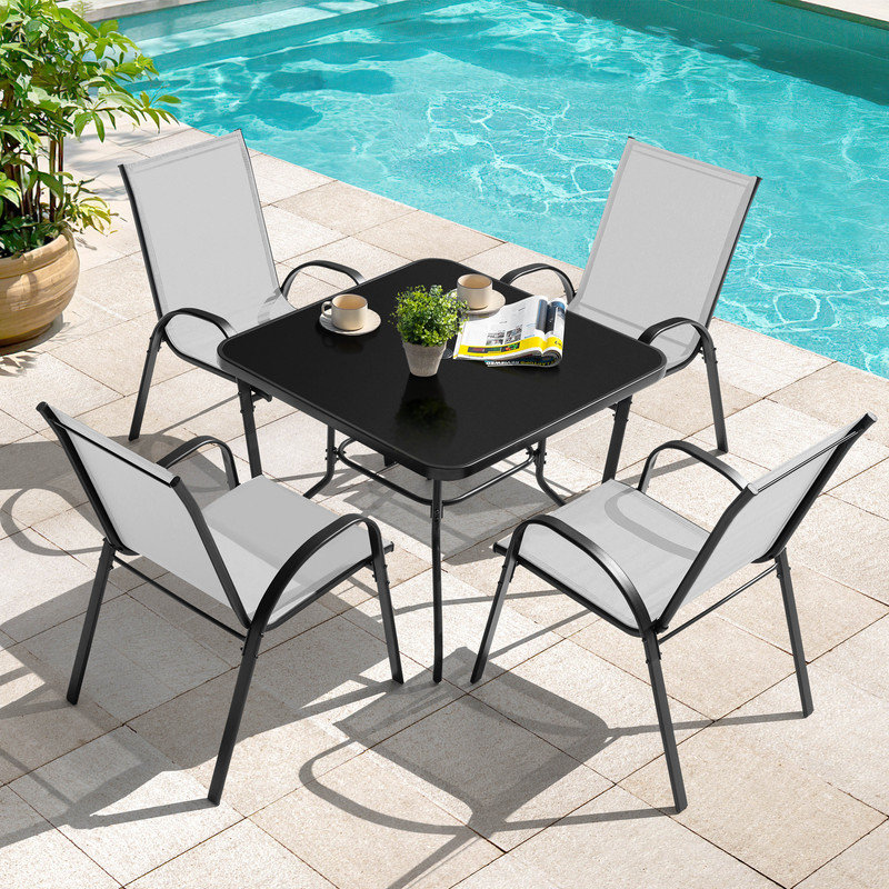 5-Piece Outdoor Dining Set, Textilene Stackable Chairs and Umbrella Hole