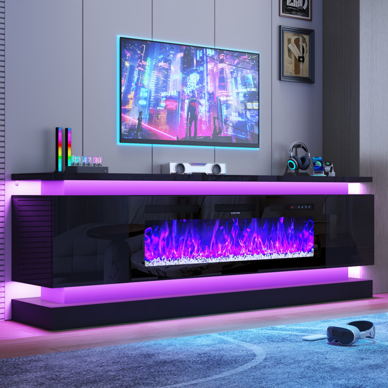 Meuble télé avec foyer électrique Modern Fireplace, H 25,6 po x L 80,7 po x P 15,4 po, Noir mat