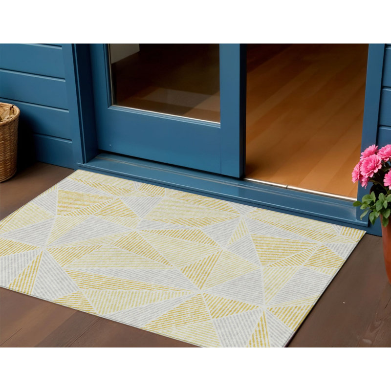 3' X 5' Gold Gray And Wheat Geometric Washable Indoor Outdoor Area Rug