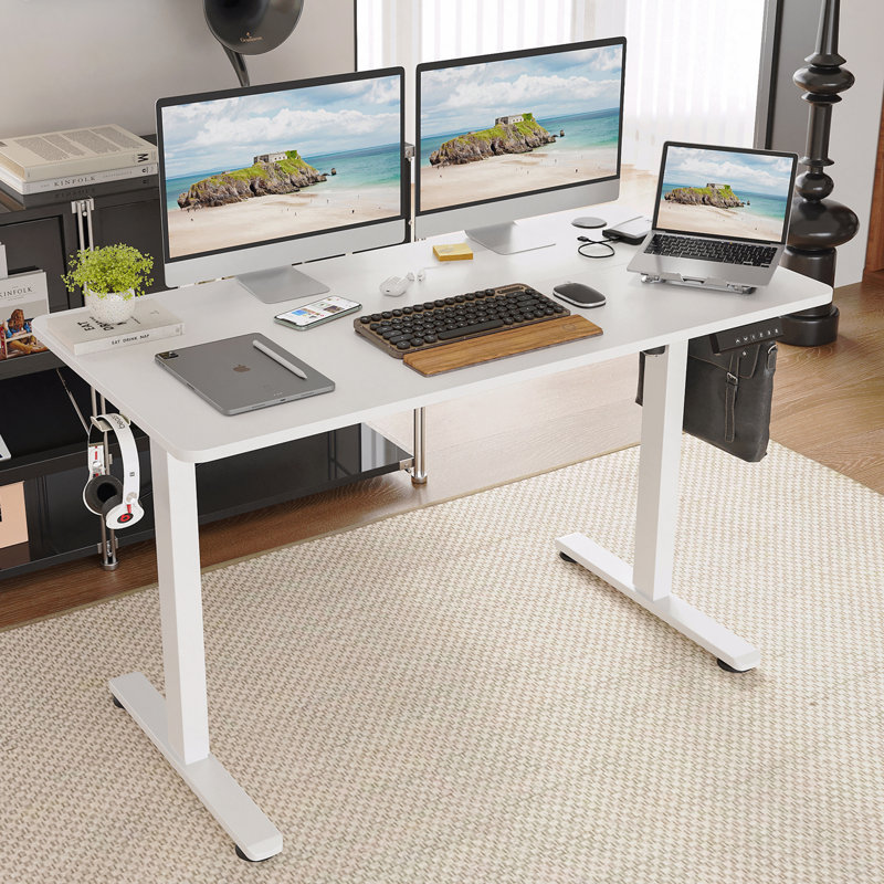 Electric Standing Desk Adjustable Height Sit Stand Home Office Desk With Splice Board, White, 45" H x 48.43" W x 24" D