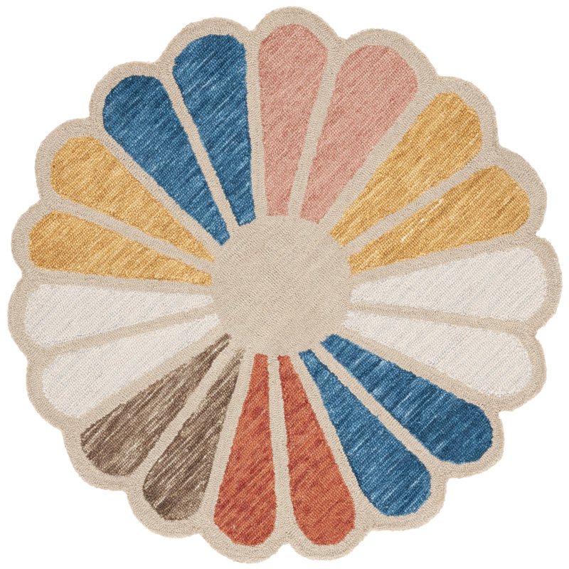 Novelty 351 Hand Tufted Wool/Cotton Floral Indoor Use Only Rug in Beige/Blue, Round 3'