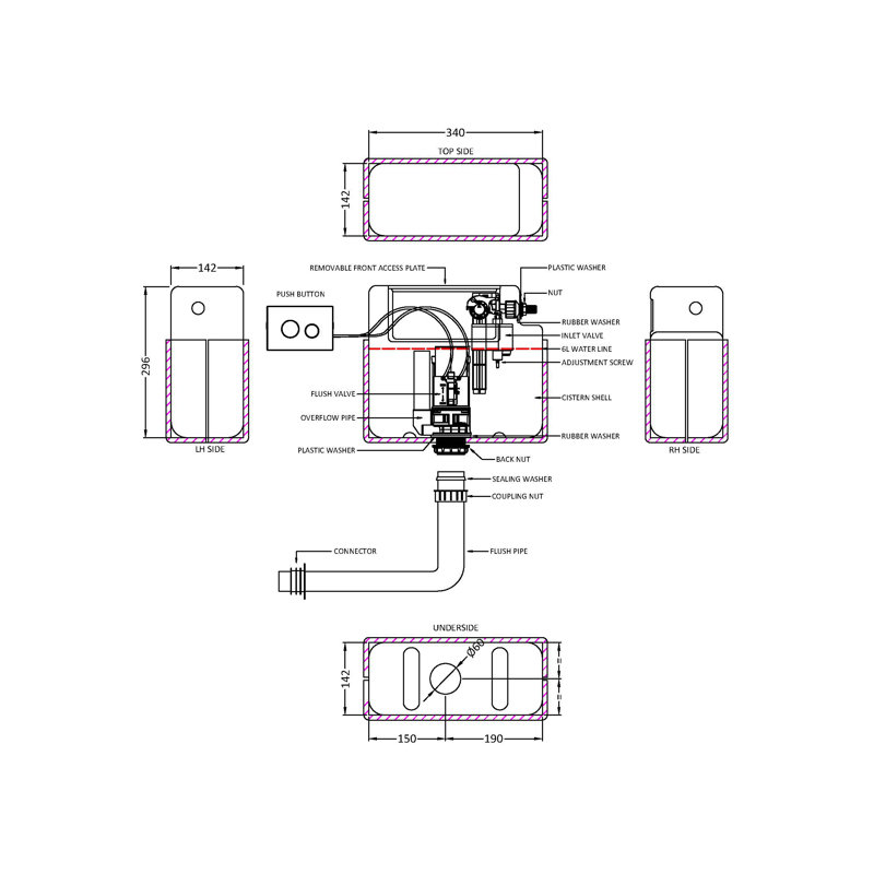Pneumatic Dual Flush Universal Access Concealed Cistern