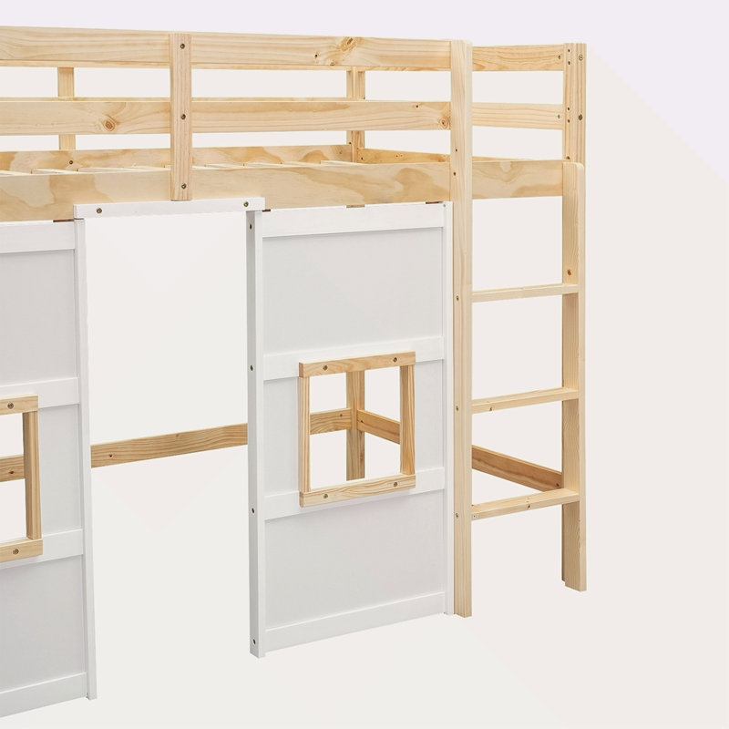 Lit mezzanine en bois avec garde-robe de rangement intégré et 2 fenêtres, Blanc, naturel