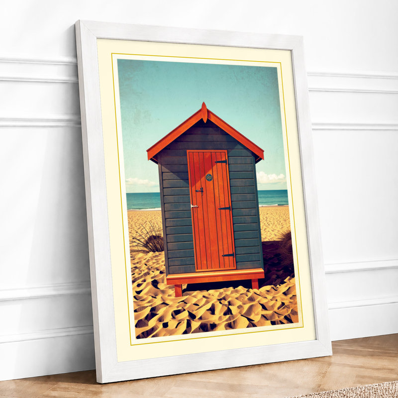 Beach Hut by the Sea Coastal - Framed Print, A2 - 59.4 x 42.0 cm, White