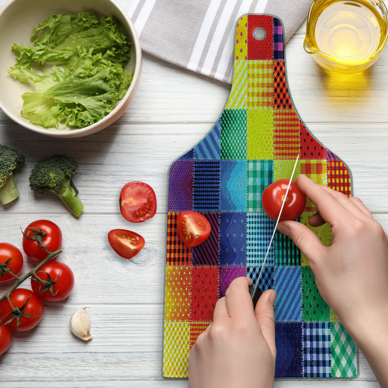 Ambesonne Retro Tempered Glass Cutting Board Rainbow Retro Patchwork Multicolor