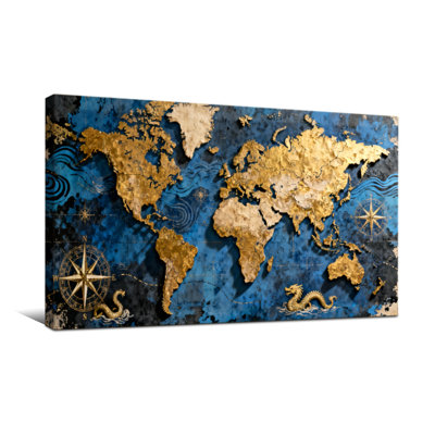 Nautical & Beach World Map With Compass And Dragon