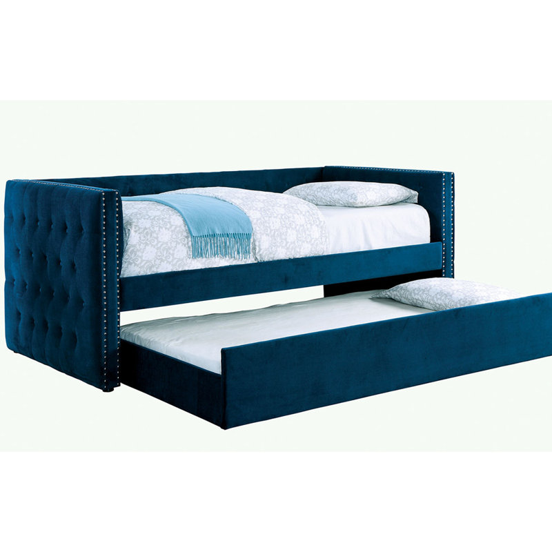Transitional Style Daybed W Trundle Padded Button Tufted Upholstery Nailhead Trim Included Slat Kit Tuxedo Design Navy Finish