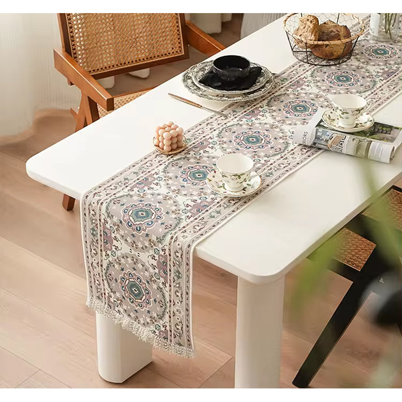 Grey Floral Print Tassel Cotton Blend Unique Botanical Design Table Runner 14" W X 71" L