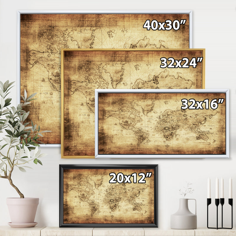 Ancienne carte du monde IV - reproduction de cadre flottant sur toile, H 12 po x l 20 po x p 1 po, Noir