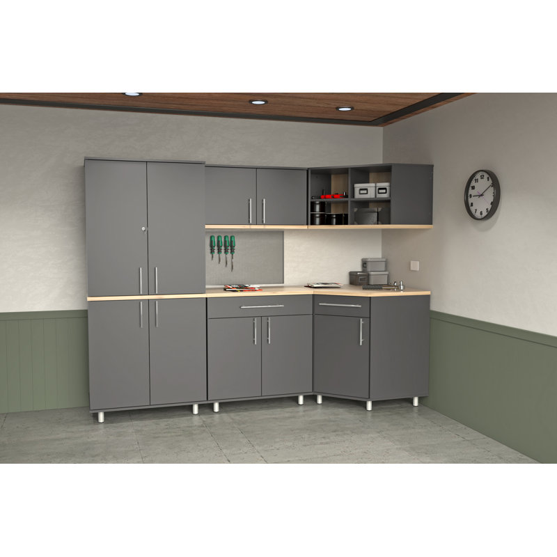 Ensemble d'armoires de garage 5 pièces Kratos, Gris foncé / érable
