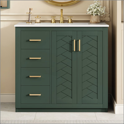 Meuble-lavabo 36 po avec lavabo en céramique, structure en bois massif, 3 tiroirs et portes à fermeture douce pour un rangement élégant