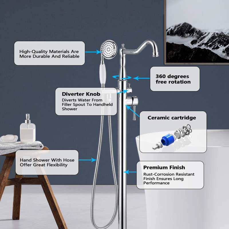 Double Handle Floor Mounted Tub Filler With Handshower, Chrome