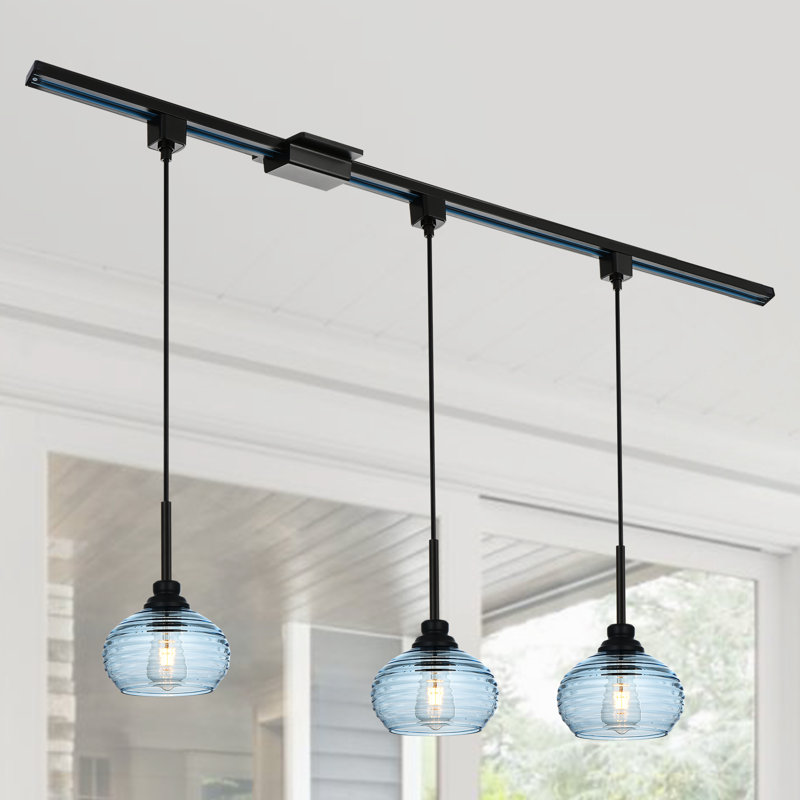 Luminaire suspendu à 3 lumières de type H avec abat-jour en verre bleu ondulé, luminaires suspendus de cuisine moderne à rail en H, luminaire à rail décoratif pour îlot de cuisine, noir