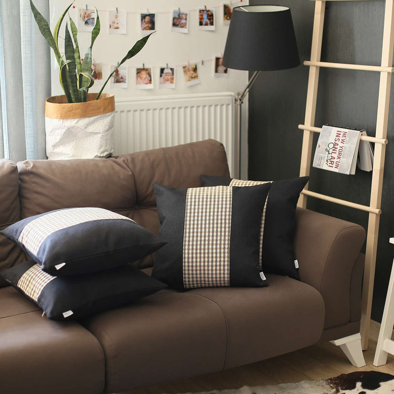Ensemble de 4 housses de coussin pied-de-poule, Noir / brun clair