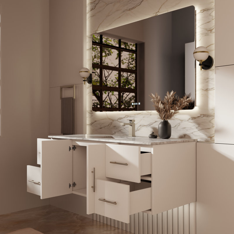 Geneva 48" Wall-Mounted Single Bathroom Vanity Set, Glossy White, White Carrara Marble