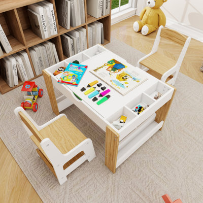 Ensemble de table de jeu et de chaises pour enfants 2 en 1, avec 7 compartiments de rangement, compatible avec le bloc de construction LEGO, mobilier de jeu d'apprentissage de l'activité moderne - blanc