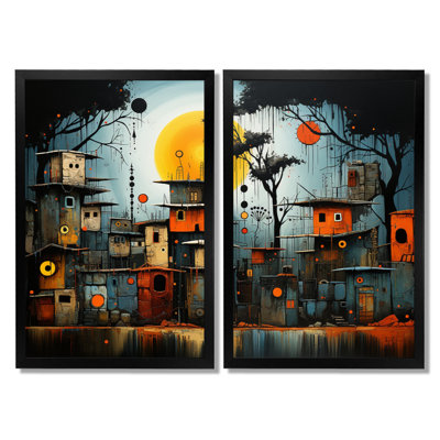 «Yellow African Pygmy Village Chronicles», art tribal africain sur toile, ensemble d'art mural bleu par 2