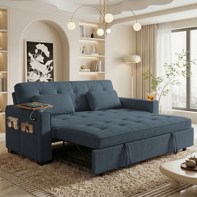 73" Convertible Sleeper Sofa Bed with Pull-Out Bed, Foldable Side Table, USB Ports & Cup Holders, Small Space Multifunction Sleeper Sectional Sofa, Modern Chenille Upholstered Couch for Living Room, Apartment, Small Space