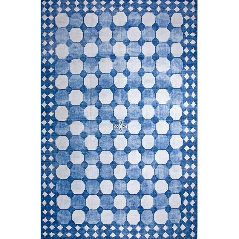 Large Geometric Mid Century Modern Design White and Blue Flatweave Dhurrie Rug