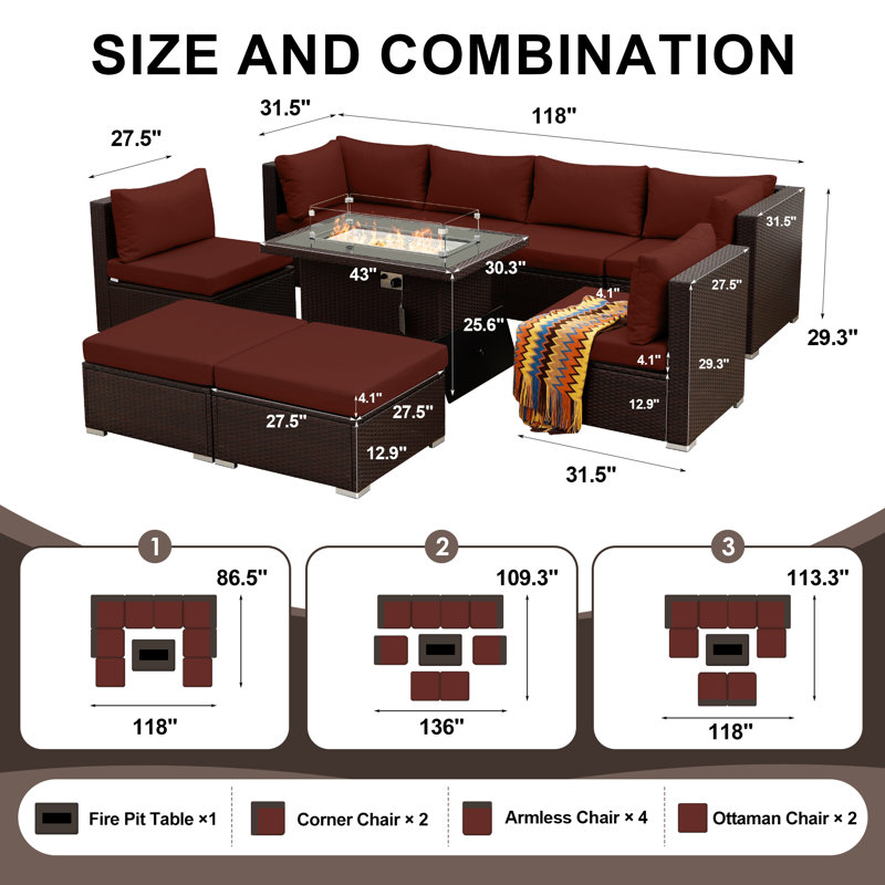 Ensemble de canapé modulaire en osier 9 pièces avec table de foyer et coussins de siège profond 9 pièces, Red, Brun