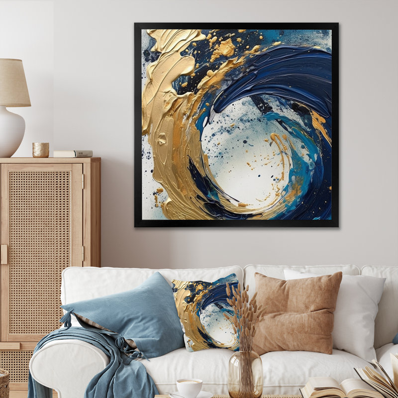 Art mural abstrait bleu foncé et or VI - VI, H 24 po x l 24 po x P 1 po, Cadre simple noir