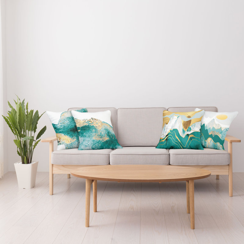 Abstract Reversible Pillow Cover, 20" x 20", Teal/Mustard/Dark Yellow