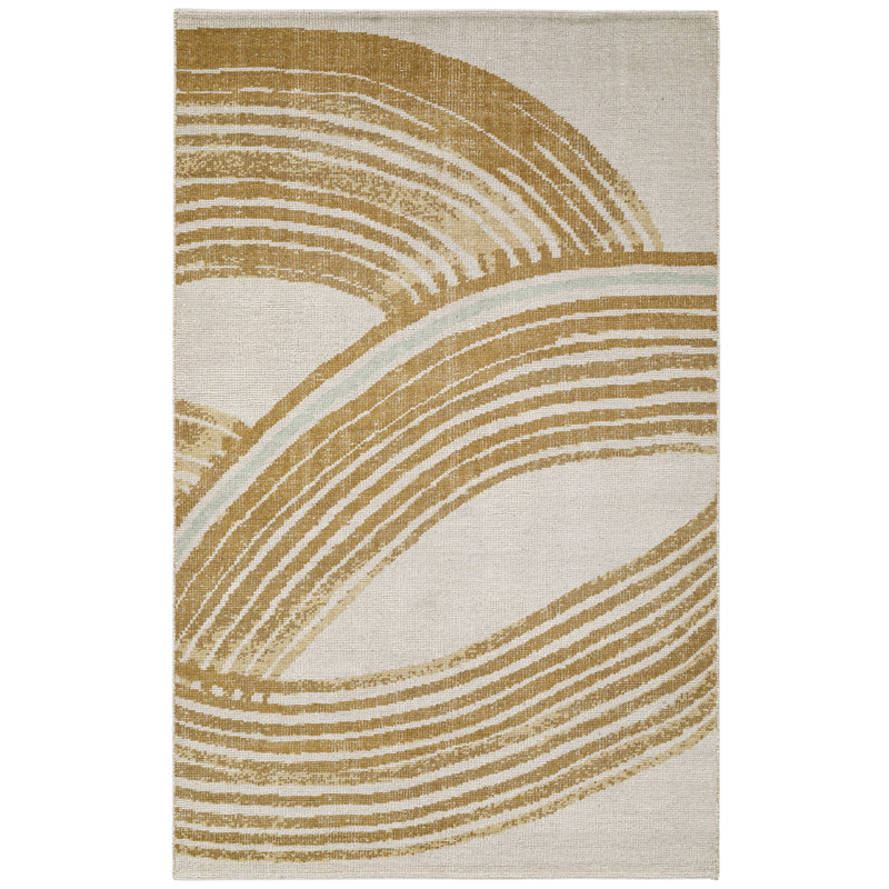 Crescent Rug: Modernist Hand Knotted Rug in Natural/Yellow, Rectange 5' x 8'