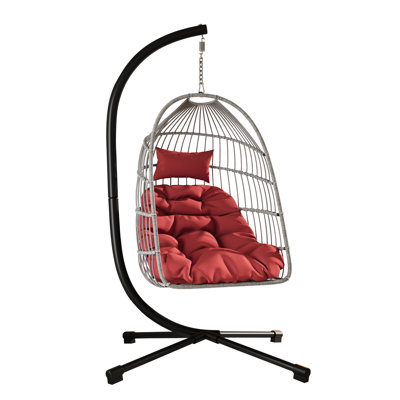 Support pour chaise d'extérieur Luther, acier robuste, respirant, gris et rouge, facile à déplacer, idéal pour les œufs de balançoire d'intérieur, chaîne réglable, rembourrage doux, coussin, support stable, gris noir