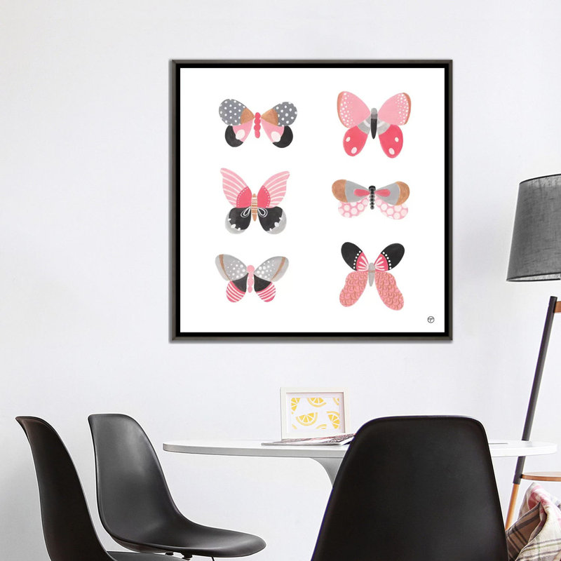 6 papillons art, Toile encadrée de bois rustique foncé, H 37 po x l 37 po x P 1,5 po