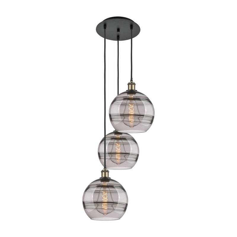 Luminaire suspendu en grappe à 3 lumières Chartoff, H 35,63 po x l 16,5 po x P 16,5 po, Gris fumée clair, Laiton antique noir