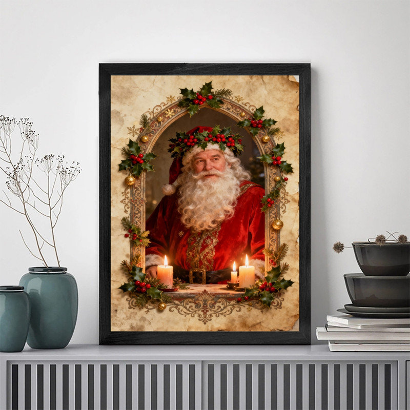 Art mural rétro noir de Noël avec père Noël - décorations festives classiques encadrées, H 25 po x l 17 po