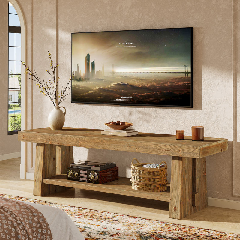 63-inch Solid Wood Tv Stand, 2-tier Farmhouse Entertainment Center With Open Storage Shelves