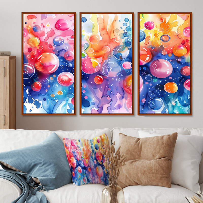 Ensemble de salon art mural aquariums roses et bleus II, Toile avec cadre flottant brun, H 28 po x l 36 po x P 1 po