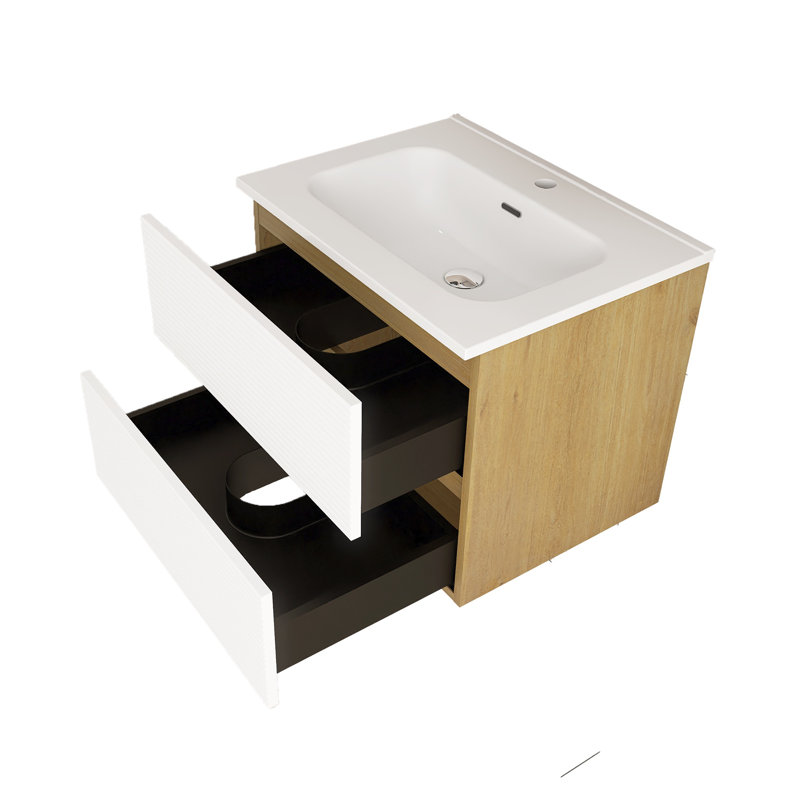 24 po  Meuble-lavabo mural 2 tiroirs, Blanc / Chêne