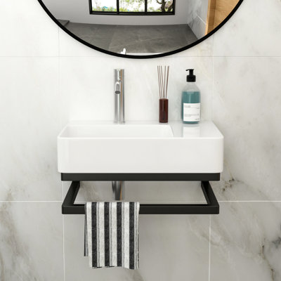 23.35"x16.5" Rectangular White Ceramic Bathroom Sink With Corrosion - Black Towel Bar, Modern Solution Wall Mounted Weight Bearing Capacity