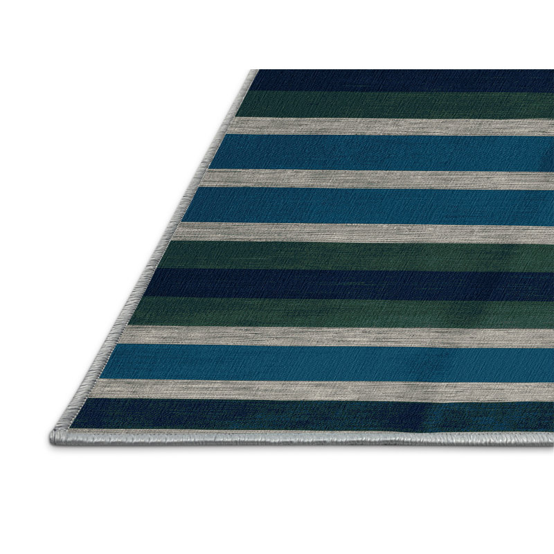 Machine Washable Horizontal Stripes Blue Area Rug, Runner 2' x 5'