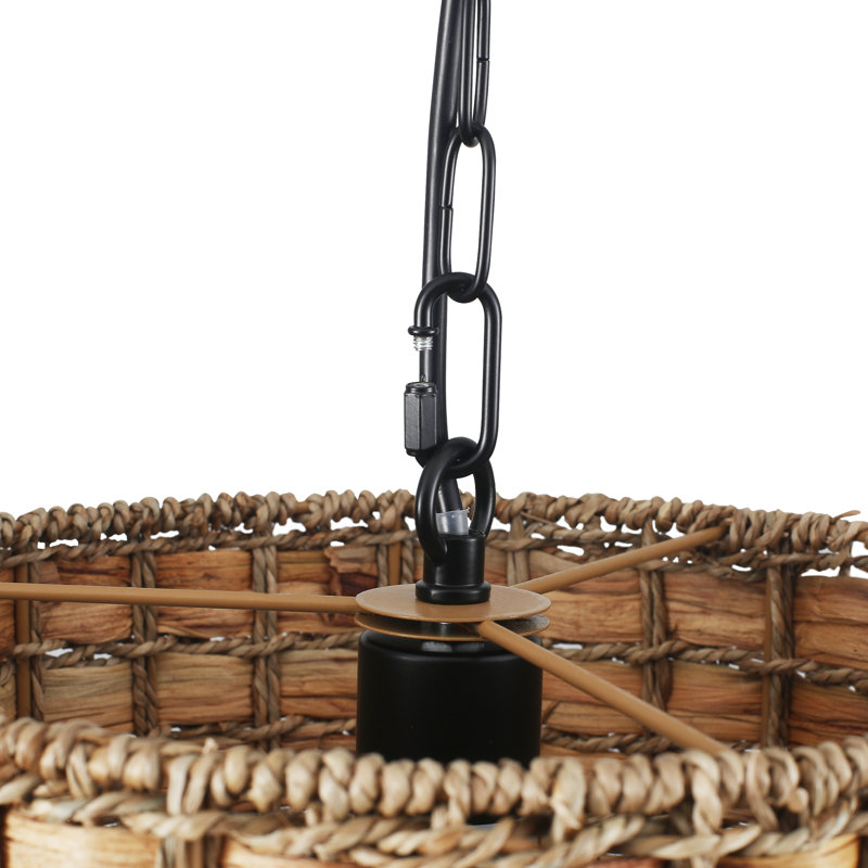  1- Light 12 inch 2-Tier Dimmable Drum Chandelier Natural Rattan Bohemian Kitchen Lighting, Matte Black