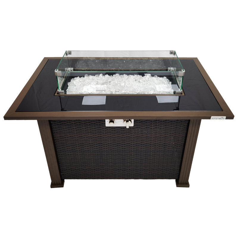 Outdoor Propane Fire Pit Table, Glass Wind Guard, 50,000 BTU, Tank Hideaway
