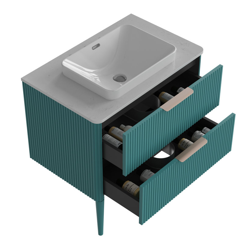 Meuble-lavabo rayé 30 po avec lavabo en céramique Aquamarine, aspect moderne, rangement, durabilité durable en aigue-marine, autoportant pour la salle de bain, finition spacieuse et rails