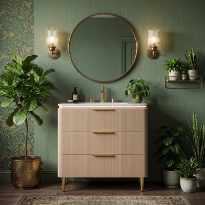 Meuble-lavabo autoportant en contreplaqué de 36 po, lavabo intégré en pierre frittée blanc de Carrare, éclairage DEL à détection automatique, pré-assemblé, couleur grain de bois de chêne clair 