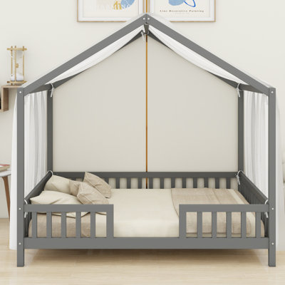Montessori Floor Bed with Canopy, House Shape Toddler Bed Frame with High Safety Railings