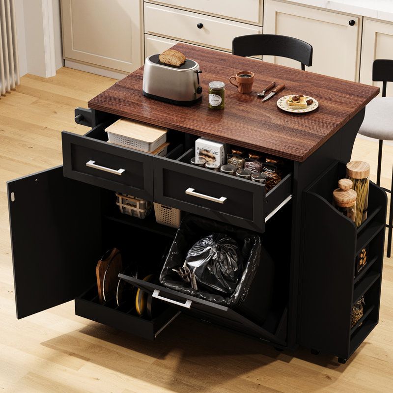 Style Kitchen Island, Drop Leaf, 2 Drawers, 9 Wheels, Adjustable Shelf 47.2-Inch Island With Removable Mobile Side Shelf, Pot Organizer, And Lockable Wheels For